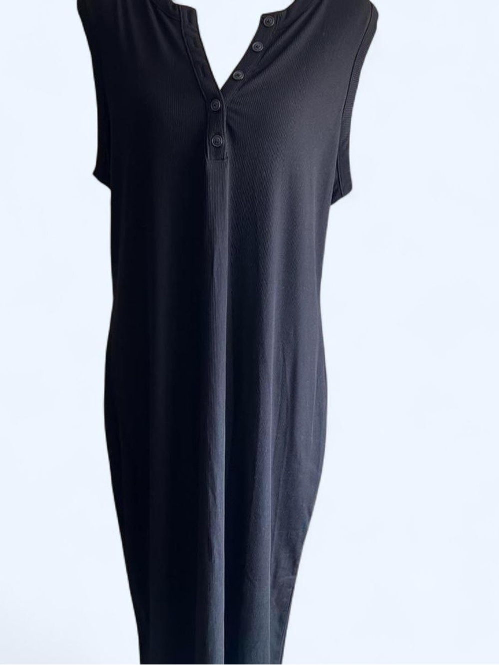 Express Black Fitted Ribbed Maxi Dress Button Front Henley Minimalist Size XL